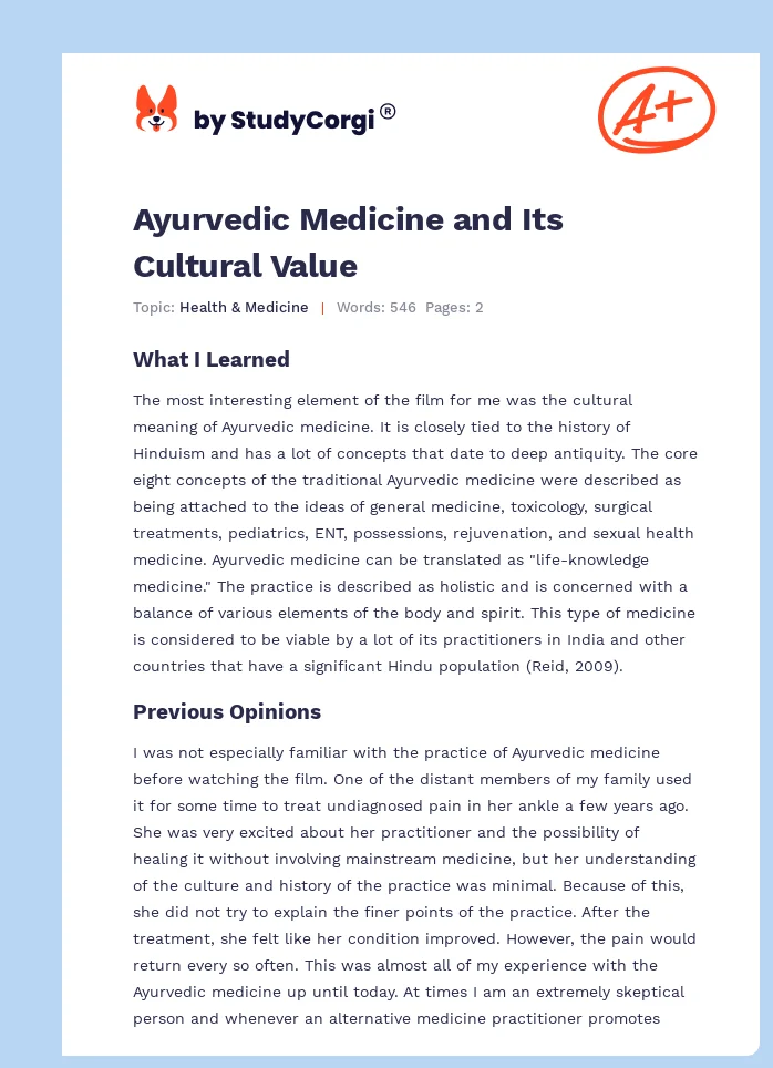 Ayurvedic Medicine and Its Cultural Value. Page 1