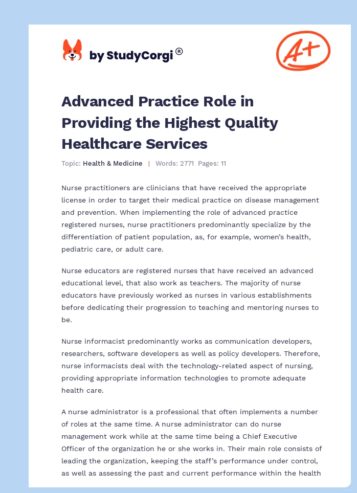 Advanced Practice Role in Providing the Highest Quality Healthcare Services. Page 1