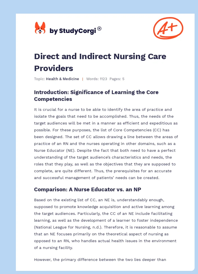 Direct and Indirect Nursing Care Providers. Page 1