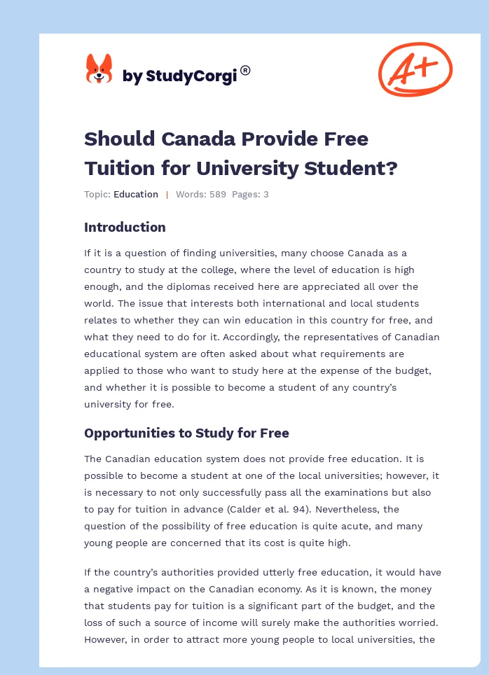 Should Canada Provide Free Tuition for University Student?. Page 1