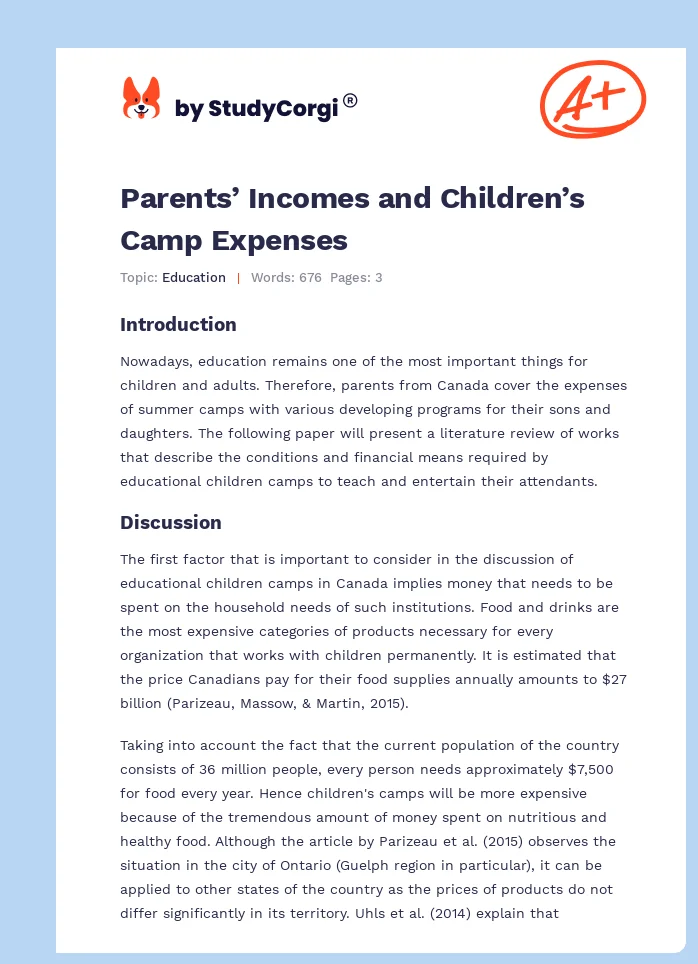Parents’ Incomes and Children’s Camp Expenses. Page 1
