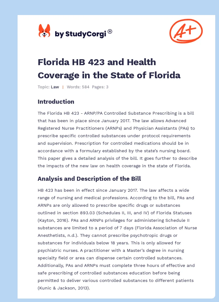 Florida HB 423 and Health Coverage in the State of Florida. Page 1