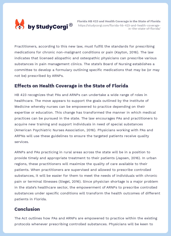 Florida HB 423 and Health Coverage in the State of Florida. Page 2