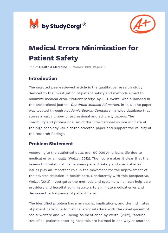 Medical Errors Minimization for Patient Safety. Page 1