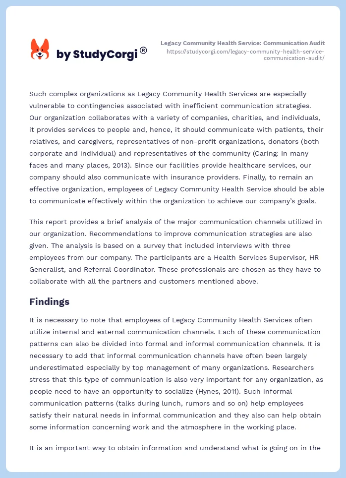 Legacy Community Health Service: Communication Audit. Page 2