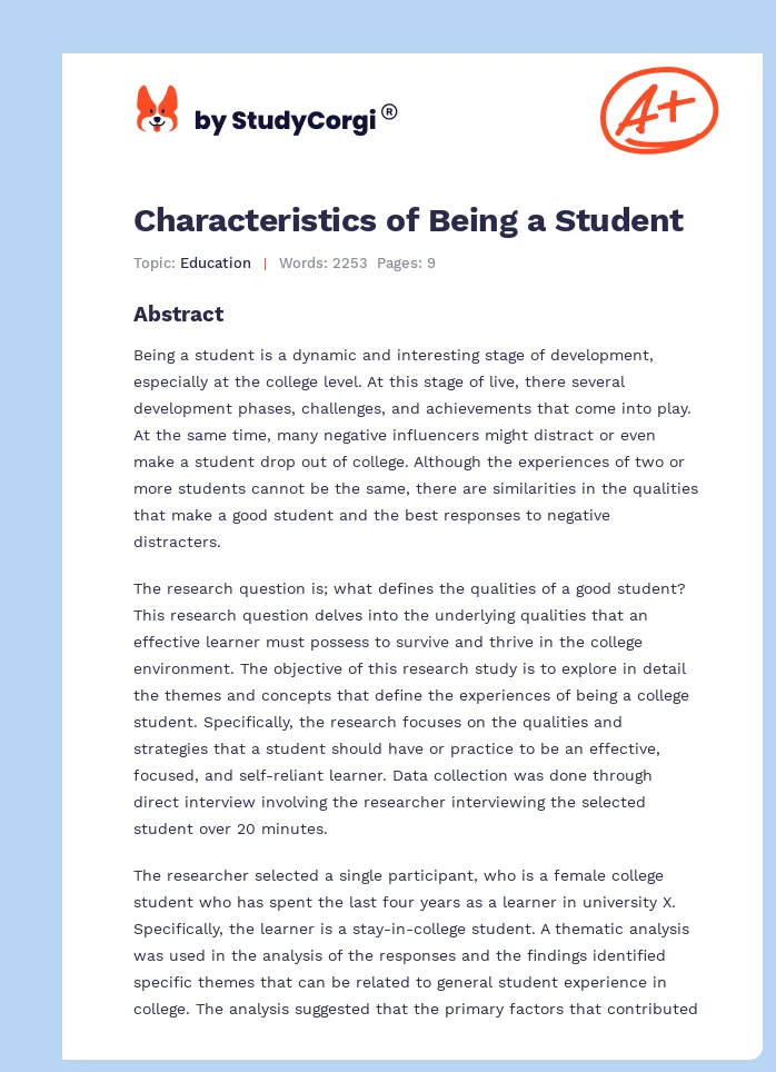 Characteristics of Being a Student. Page 1