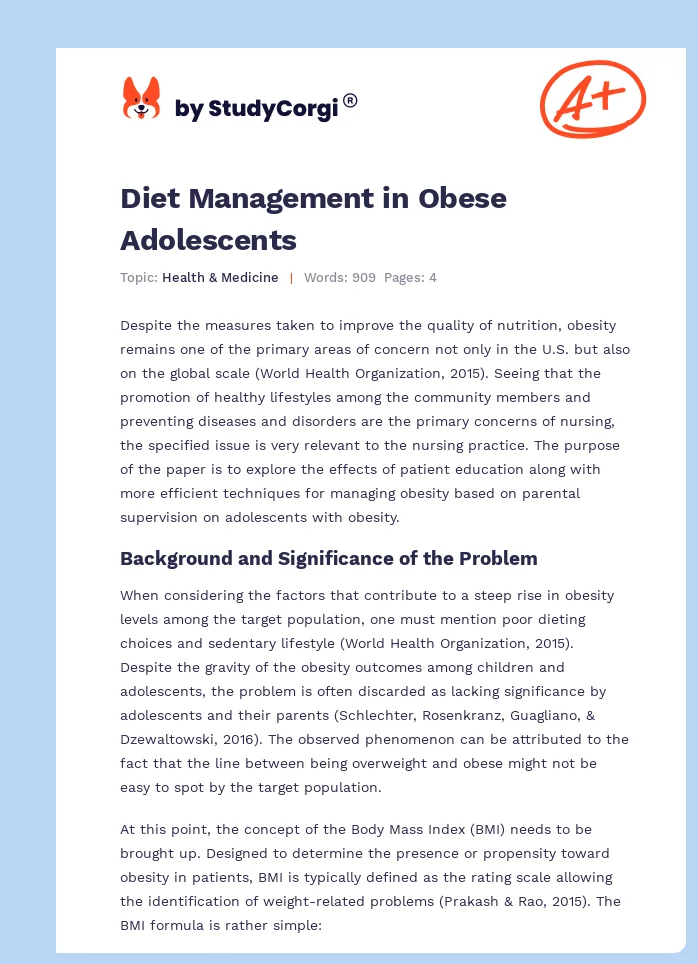 Diet Management in Obese Adolescents. Page 1