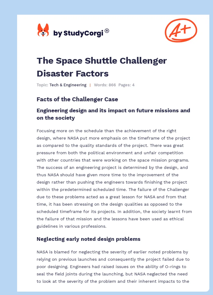 The Space Shuttle Challenger Disaster Factors. Page 1