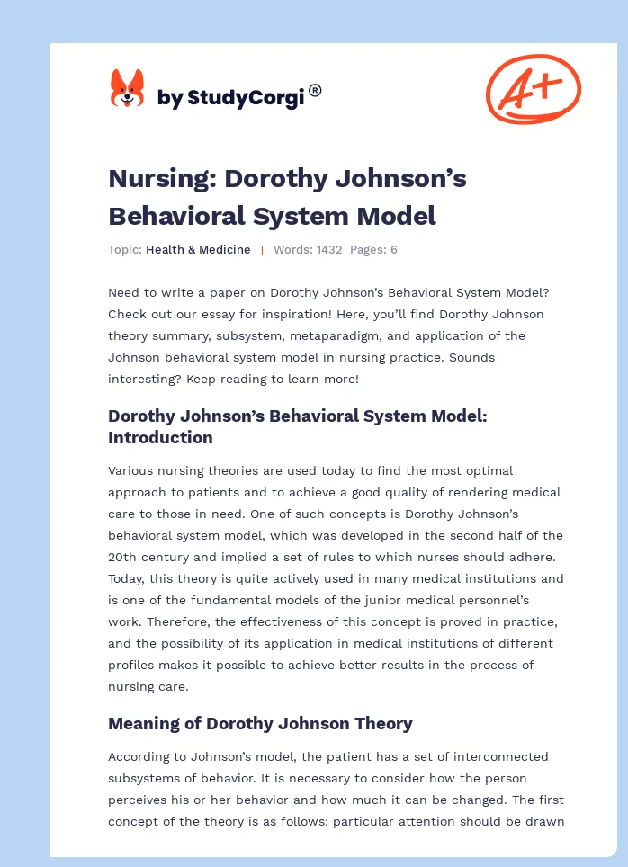 Nursing: Dorothy Johnson’s Behavioral System Model. Page 1