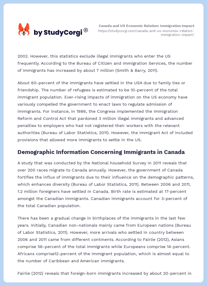 Canada and US Economic Relation: Immigration Impact. Page 2