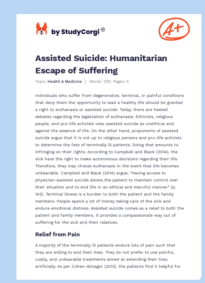 Assisted Suicide: Humanitarian Escape of Suffering. Page 1