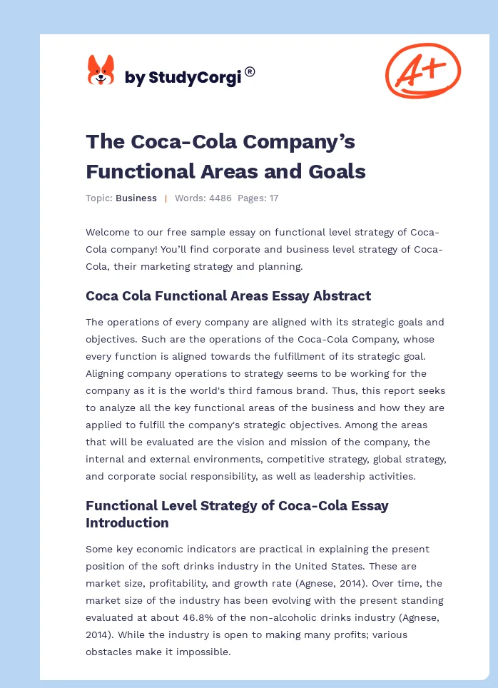 The Coca-Cola Company’s Functional Areas and Goals. Page 1