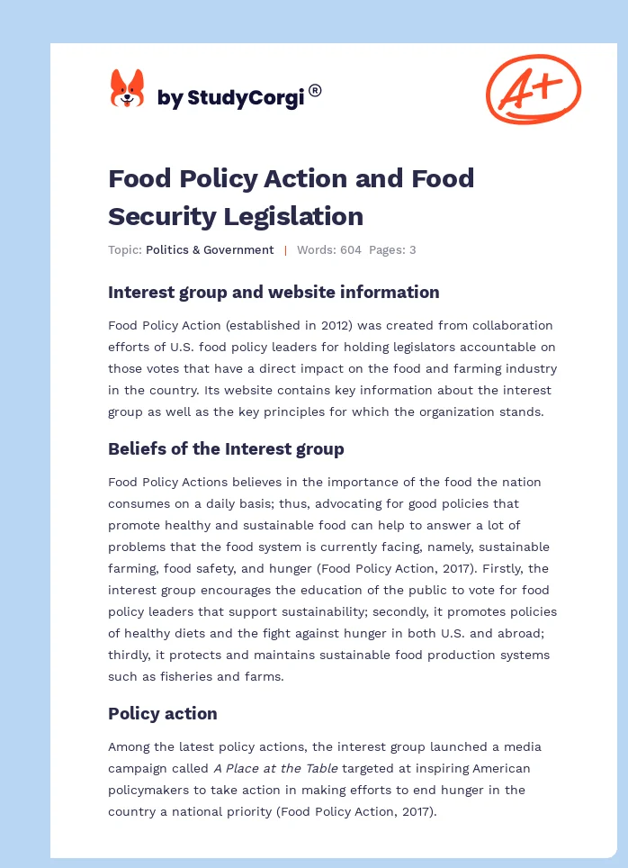 Food Policy Action and Food Security Legislation. Page 1