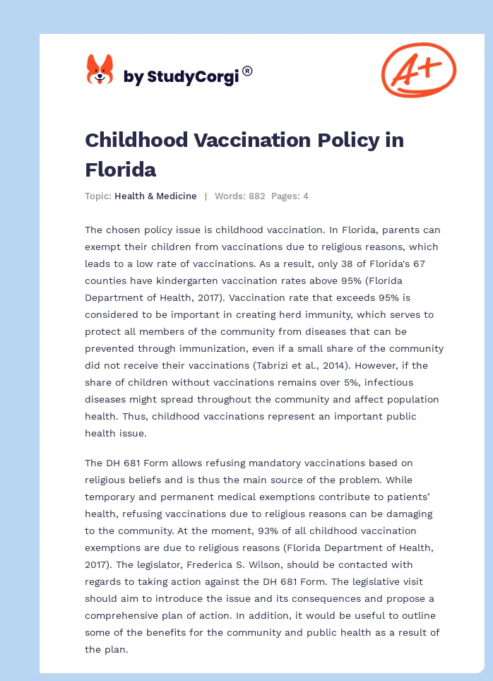 Childhood Vaccination Policy in Florida. Page 1