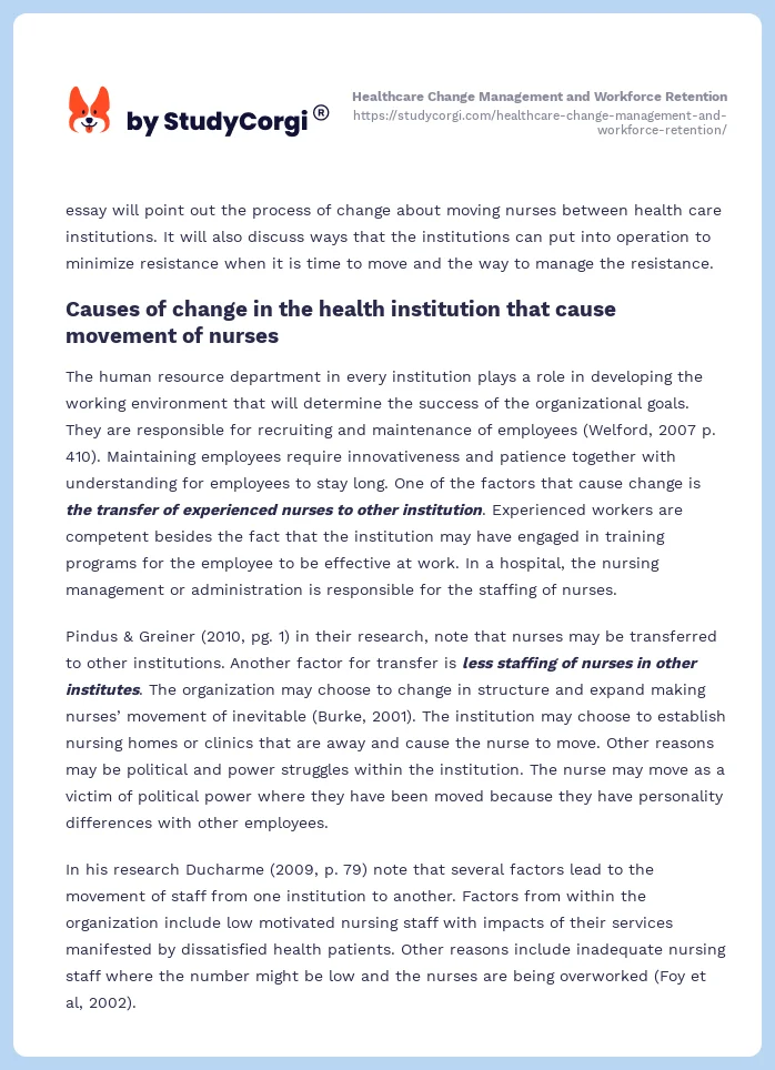Healthcare Change Management and Workforce Retention. Page 2