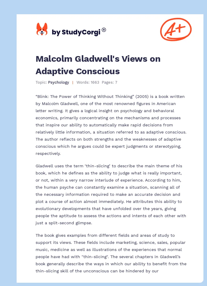 Malcolm Gladwell's Views on Adaptive Conscious. Page 1