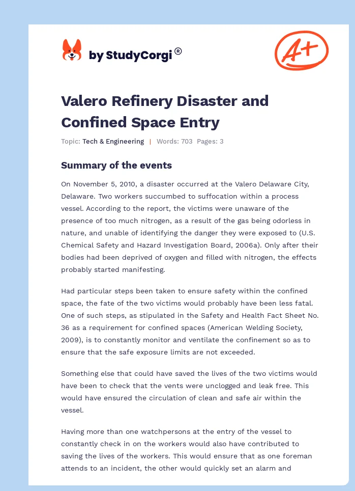 Valero Refinery Disaster and Confined Space Entry. Page 1