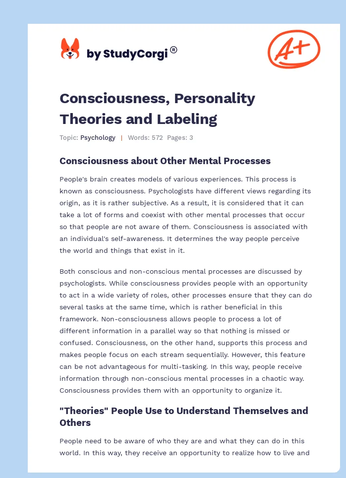 Consciousness, Personality Theories and Labeling. Page 1
