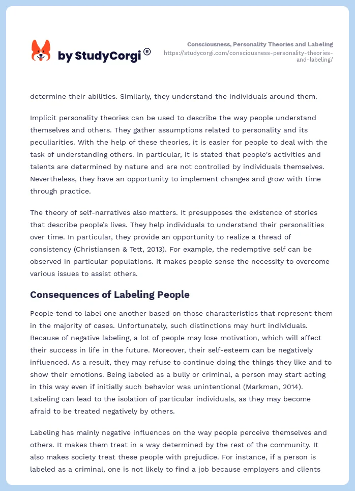 Consciousness, Personality Theories and Labeling. Page 2