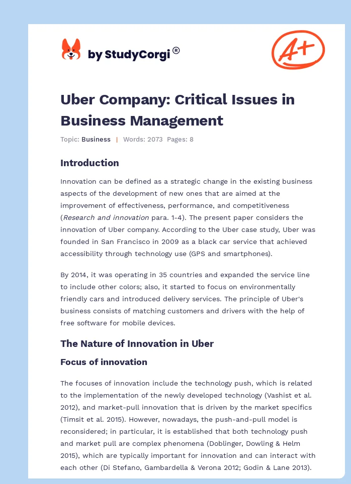 Uber Company: Critical Issues in Business Management. Page 1