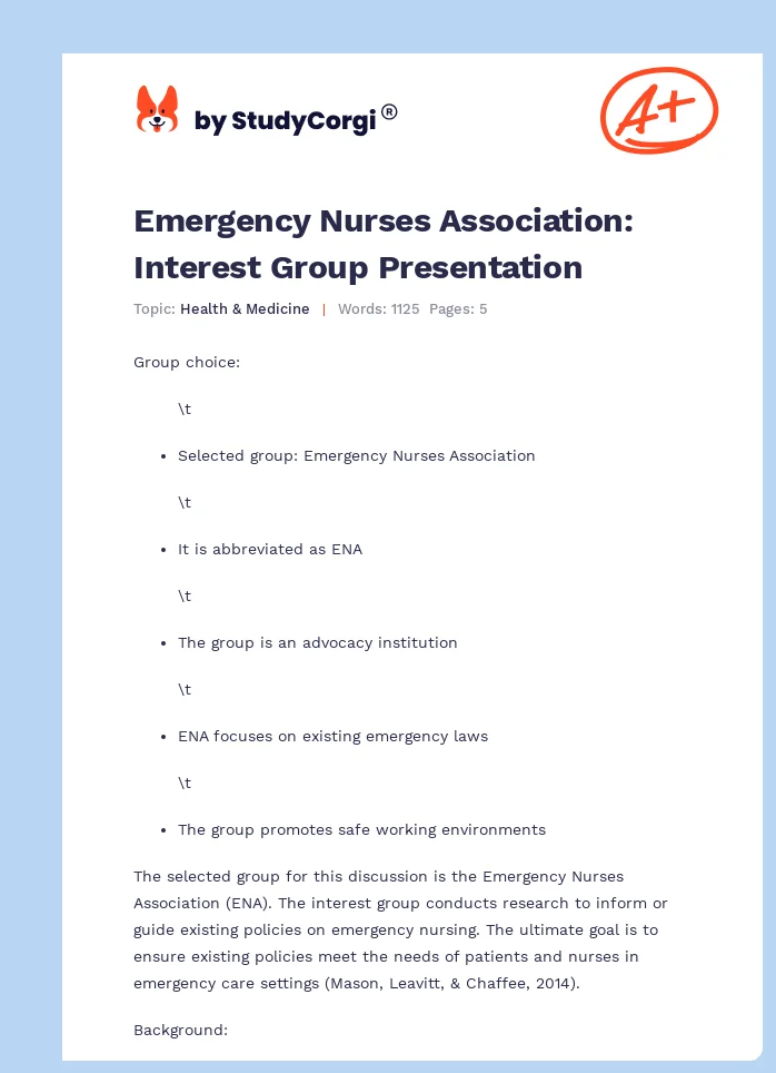 Emergency Nurses Association: Interest Group Presentation. Page 1