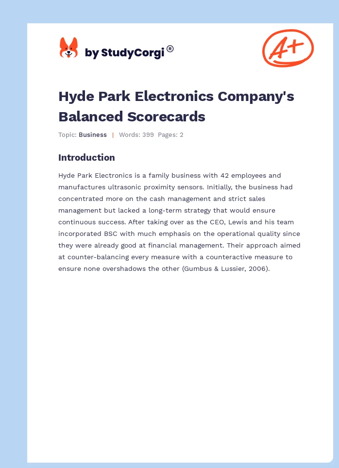 Hyde Park Electronics Company's Balanced Scorecards. Page 1