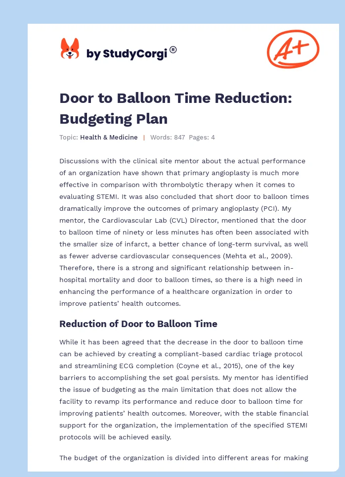 Door to Balloon Time Reduction: Budgeting Plan. Page 1