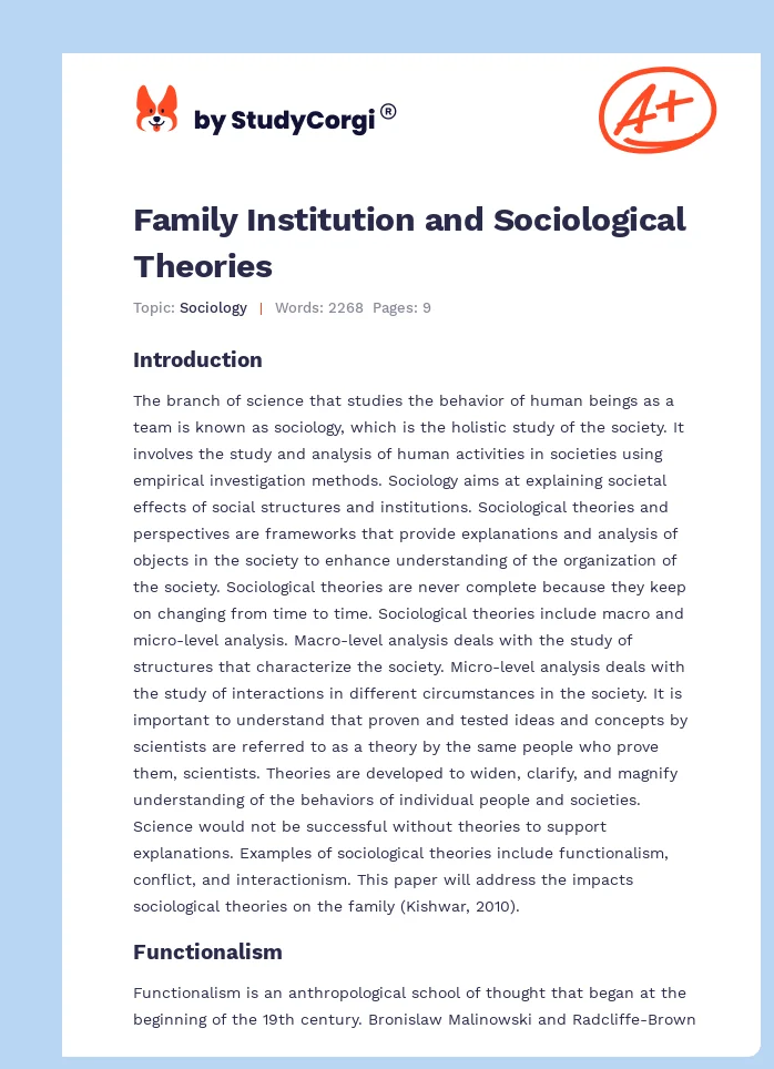 Family Institution and Sociological Theories. Page 1