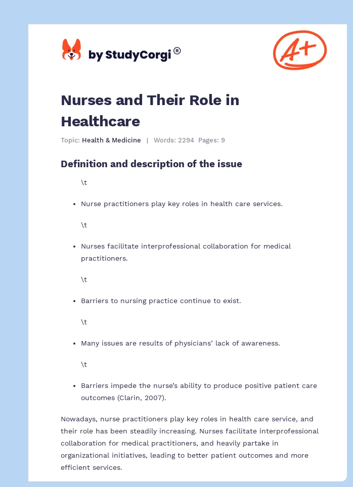 Nurses and Their Role in Healthcare. Page 1