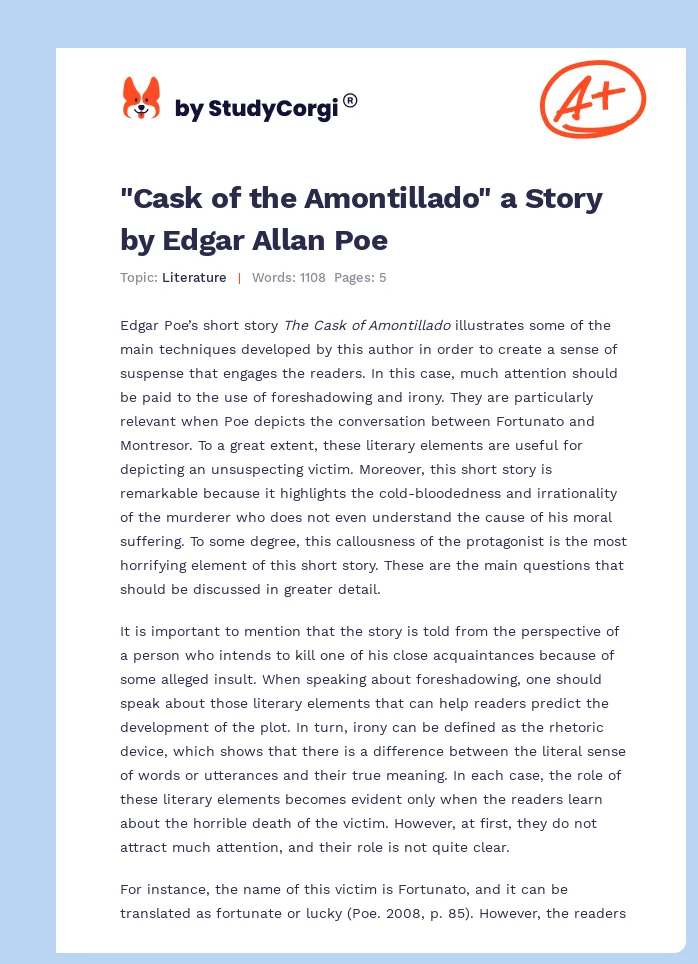 "Cask of the Amontillado" a Story by Edgar Allan Poe. Page 1