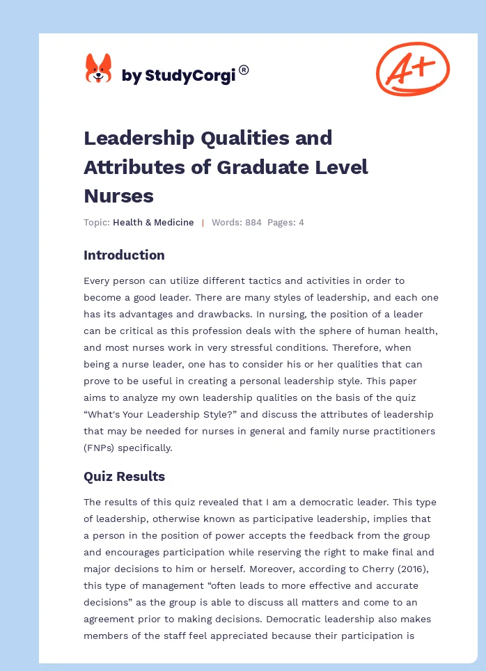 Leadership Qualities and Attributes of Graduate Level Nurses. Page 1