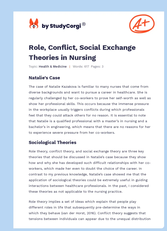 Role, Conflict, Social Exchange Theories in Nursing. Page 1