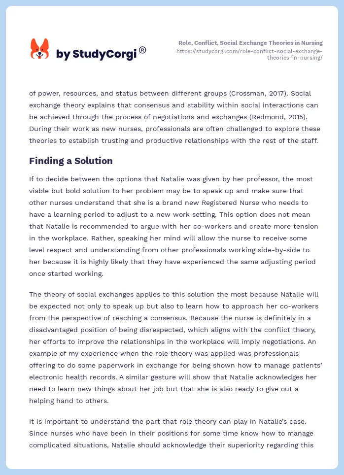 Role, Conflict, Social Exchange Theories in Nursing. Page 2