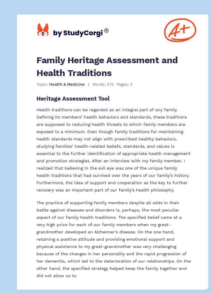 Family Heritage Assessment and Health Traditions. Page 1