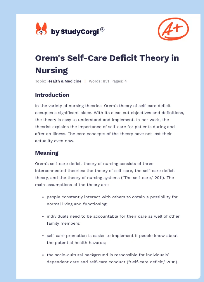 Orem's Self-Care Deficit Theory in Nursing. Page 1