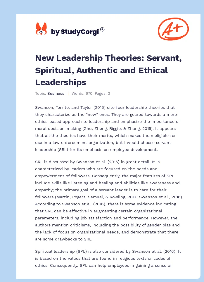 New Leadership Theories: Servant, Spiritual, Authentic and Ethical Leaderships. Page 1