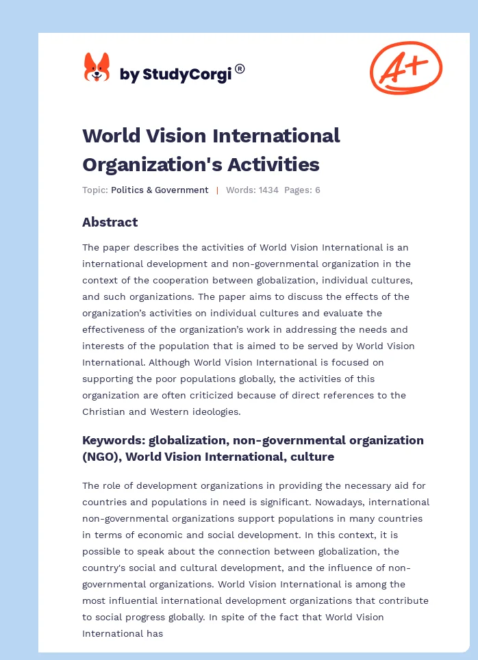 World Vision International Organization's Activities. Page 1