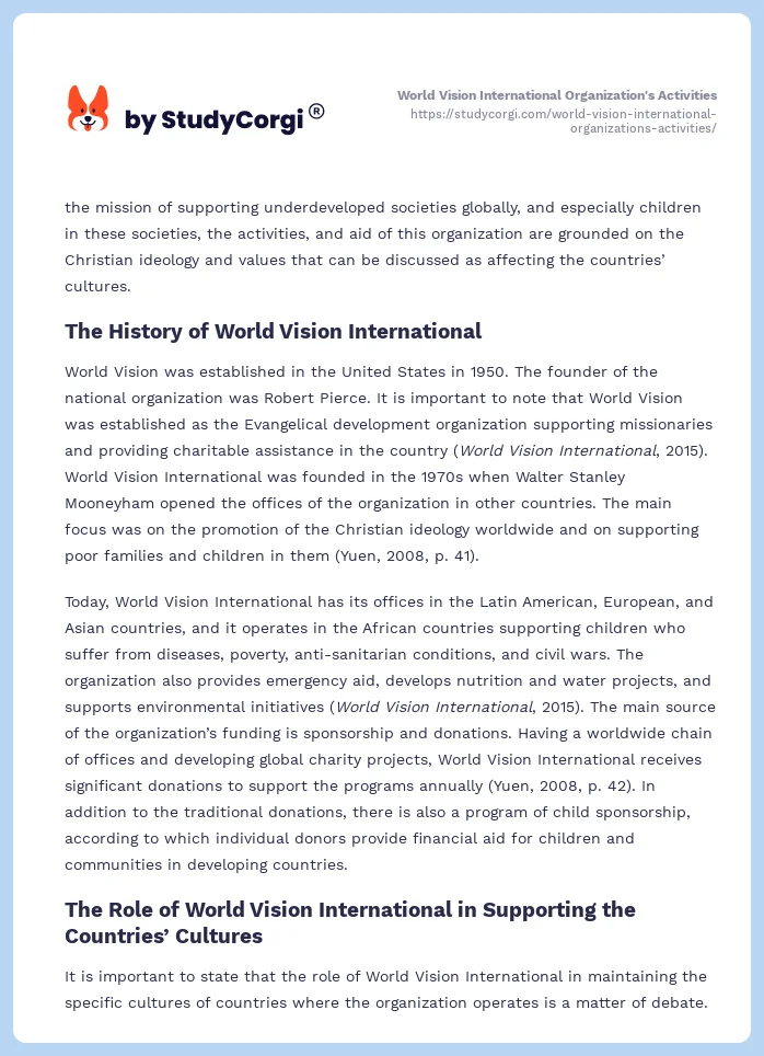 World Vision International Organization's Activities. Page 2