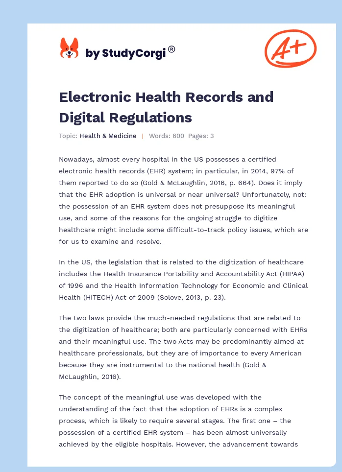 Electronic Health Records and Digital Regulations. Page 1