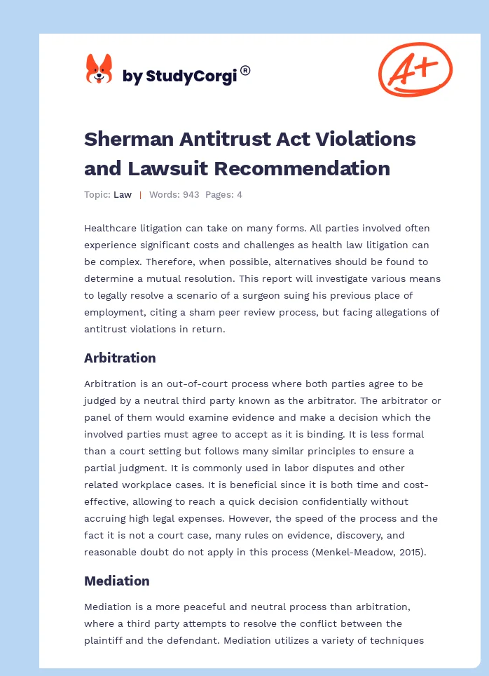 Sherman Antitrust Act Violations and Lawsuit Recommendation. Page 1