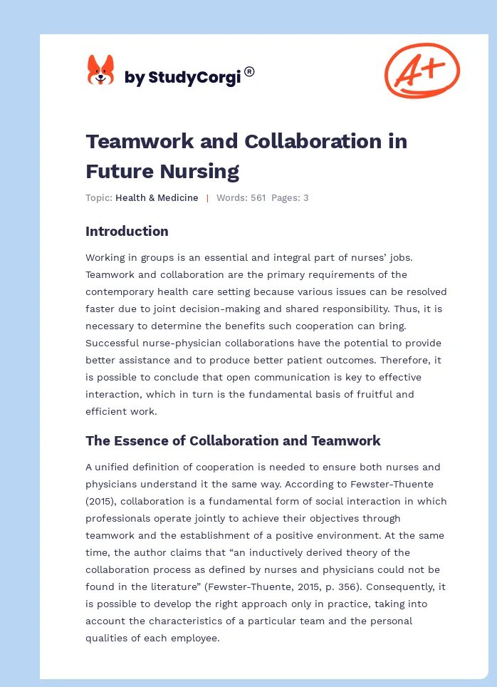 Teamwork and Collaboration in Future Nursing. Page 1