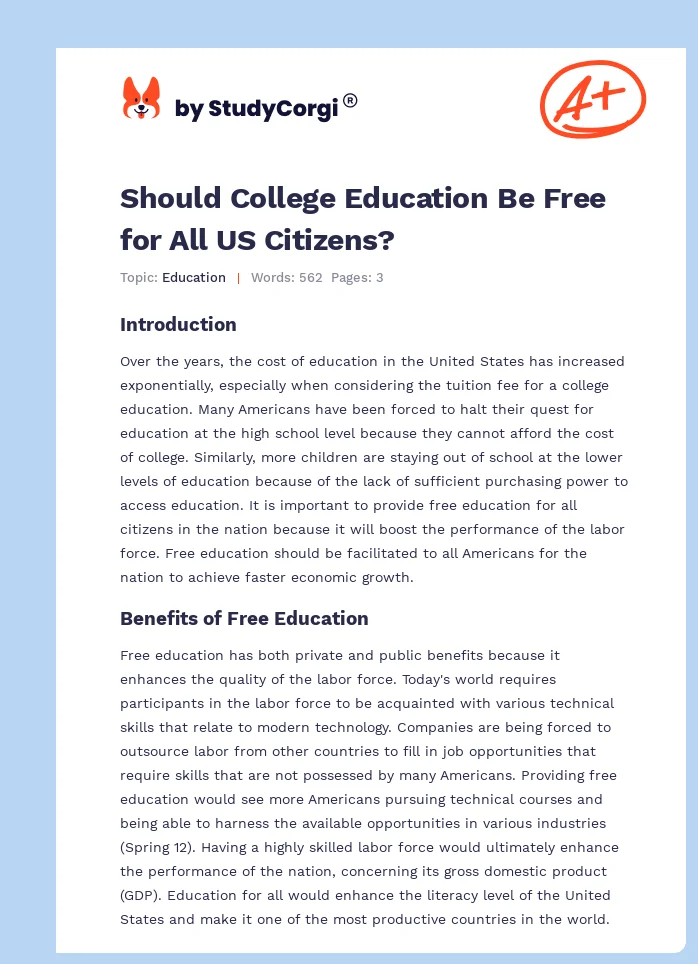Should College Education Be Free for All US Citizens?. Page 1