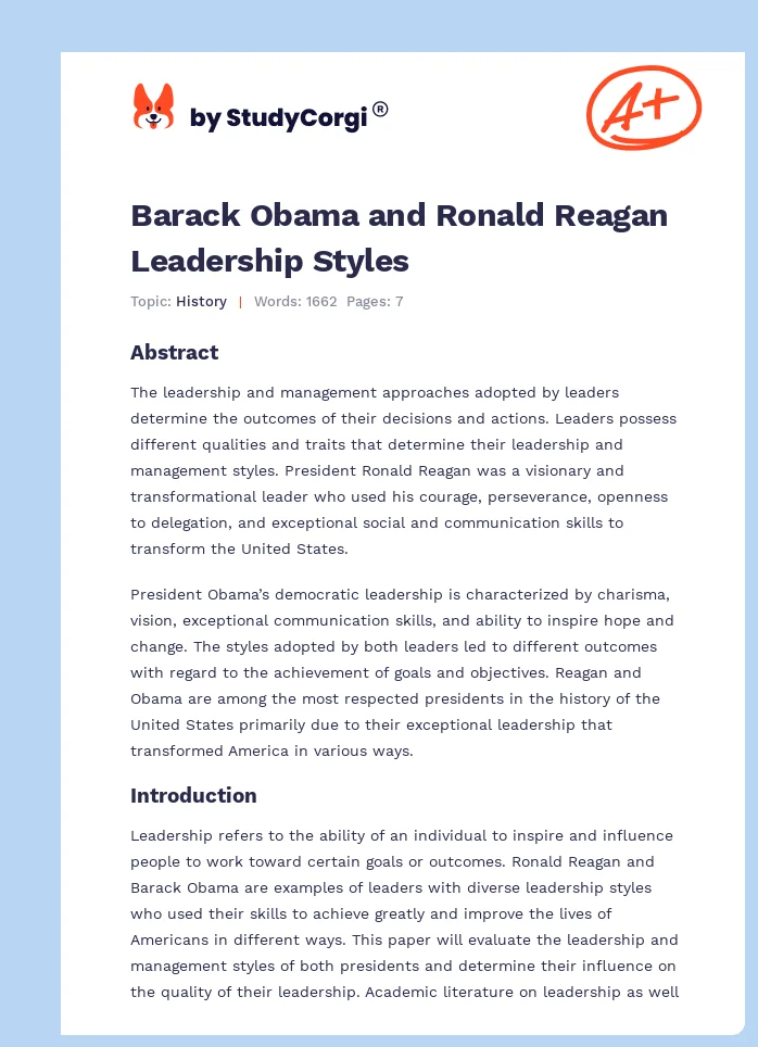 Barack Obama and Ronald Reagan Leadership Styles. Page 1