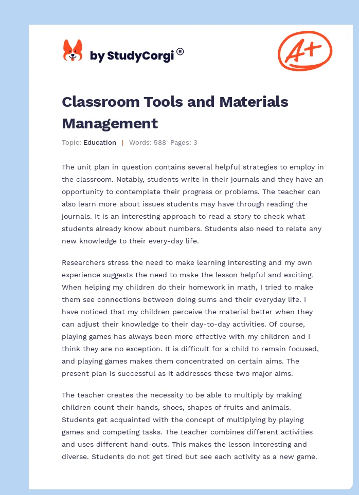 Classroom Tools and Materials Management. Page 1