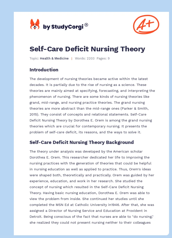 Self-Care Deficit Nursing Theory. Page 1