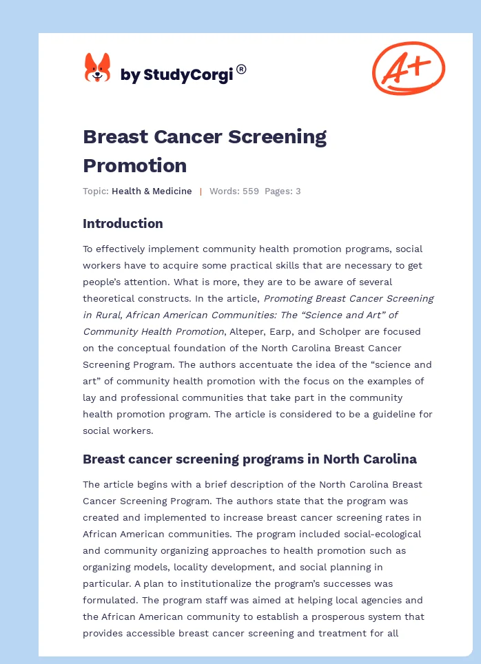 Breast Cancer Screening Promotion. Page 1