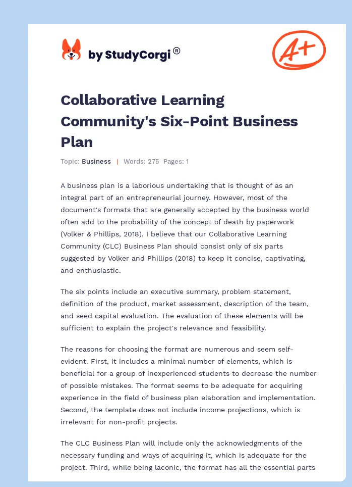 Collaborative Learning Community's Six-Point Business Plan. Page 1