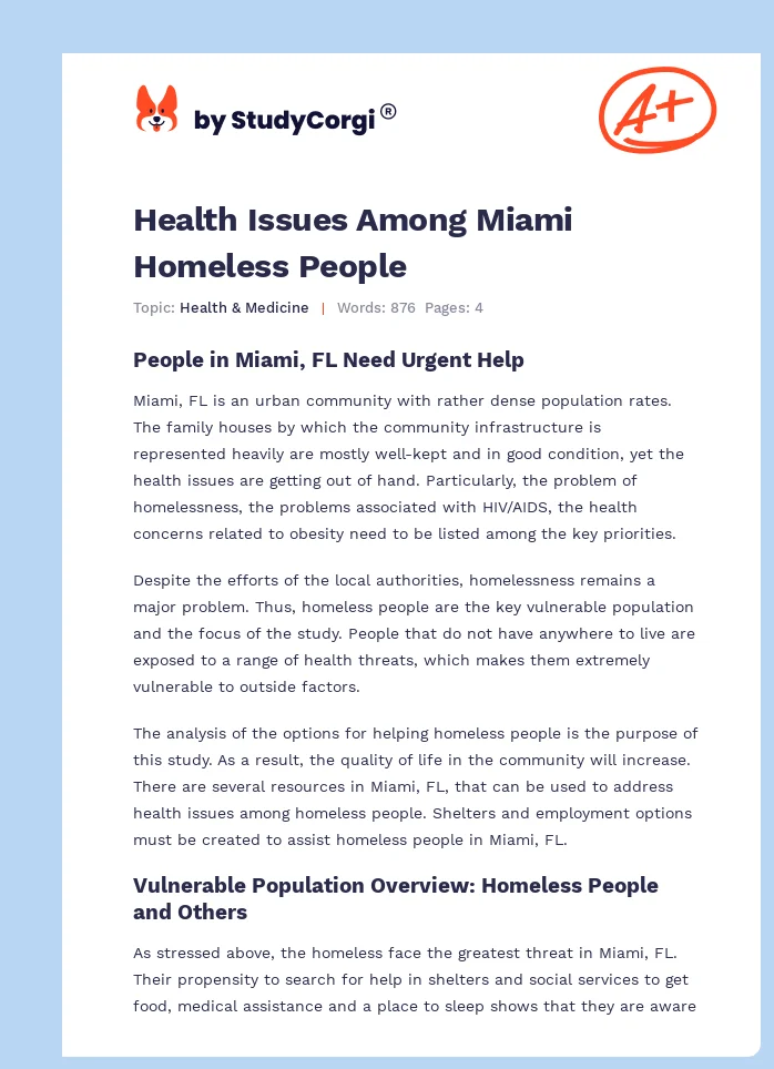 Health Issues Among Miami Homeless People. Page 1