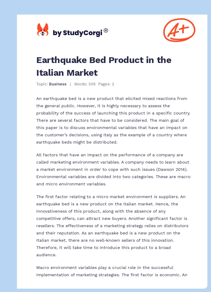 Earthquake Bed Product in the Italian Market. Page 1