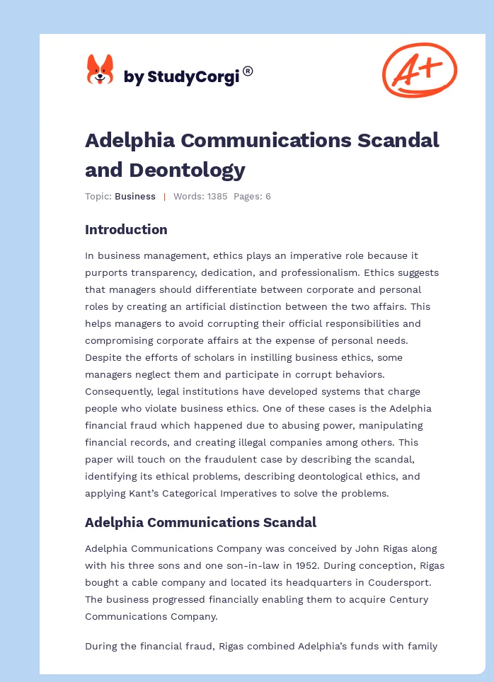 Adelphia Communications Scandal and Deontology. Page 1